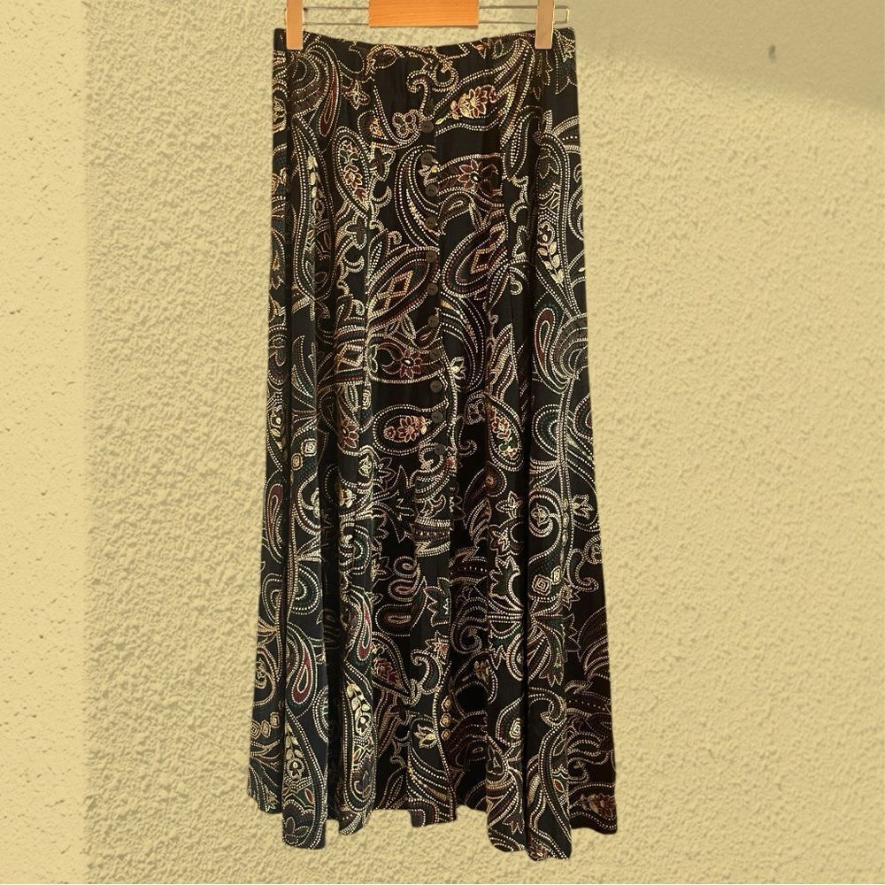 90s vintage black midi slinky skirt faux buttons gold paisley